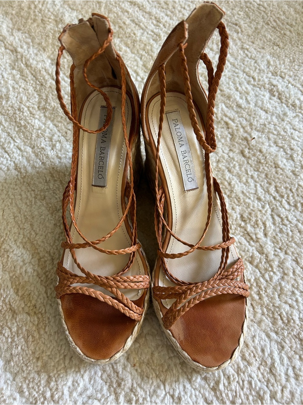 Paloma Barceló Braided Leather Espadrille Wedge Sandals Brown Beige Zip Women 38